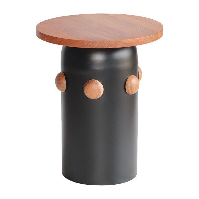 Wood-topped black table with button-like wood accents.