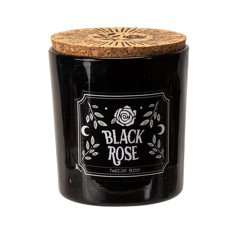 Black candle with a cork lid, label reads "Black Rose" and "Twilight Blush".