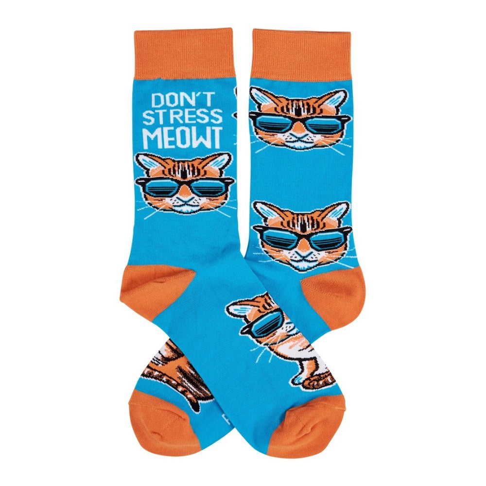 Blue socks with a cool cat and "Don't Stress Meowt" text.
