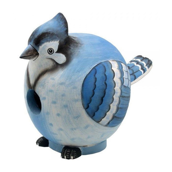 Round, blue bird sculpture with intricate wing patterns.