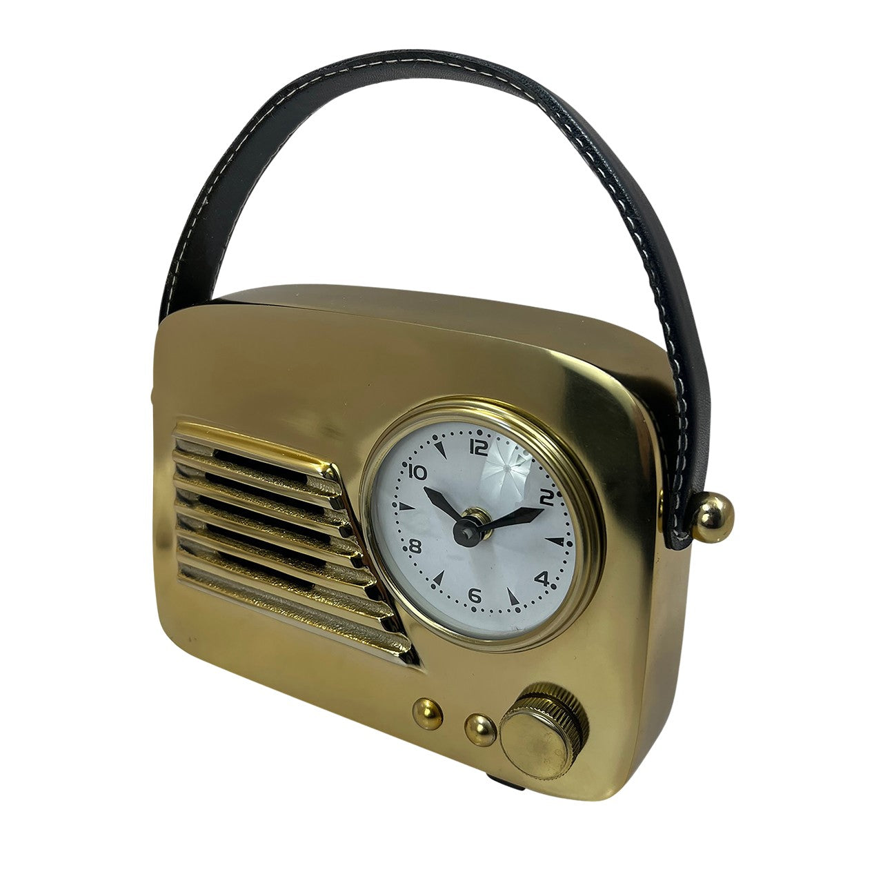 Vintage radio-style clock with a leather handle.