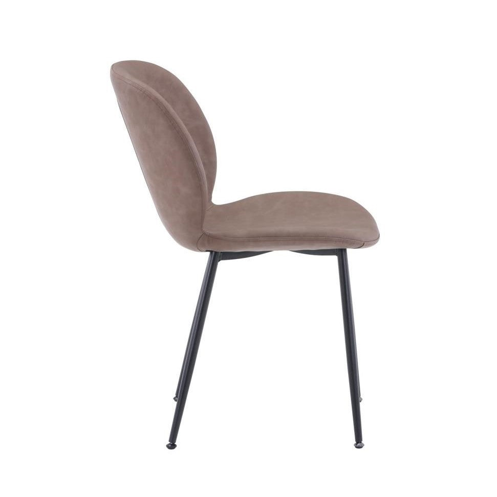 Modern chair with brown cushioned seat and black legs, side view.