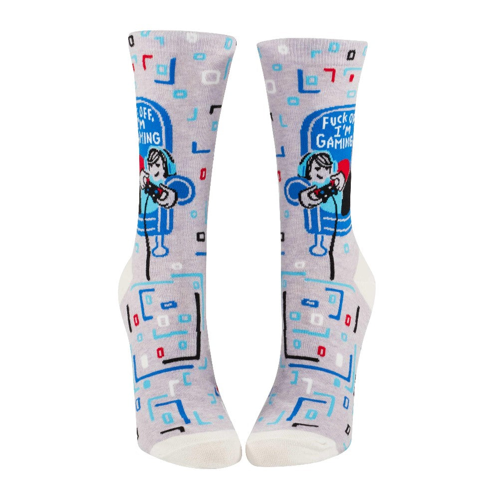 Gray socks with gamer design and geometric patterns.