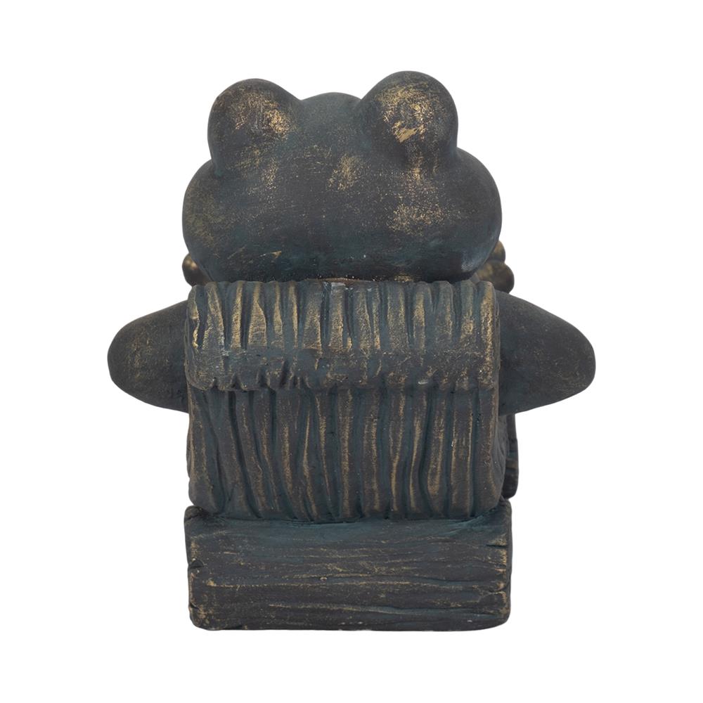 Stone frog figurine viewed from the back, with textured details.