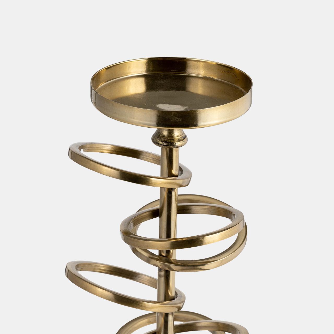 Gold spiral candle holder with circular base and tray.