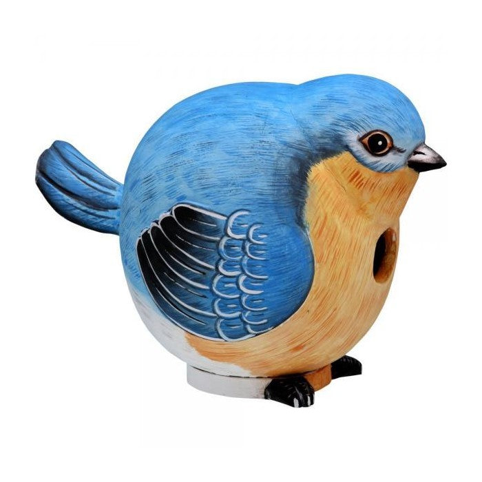 Bluebird-shaped birdhouse, vibrant blue and orange.