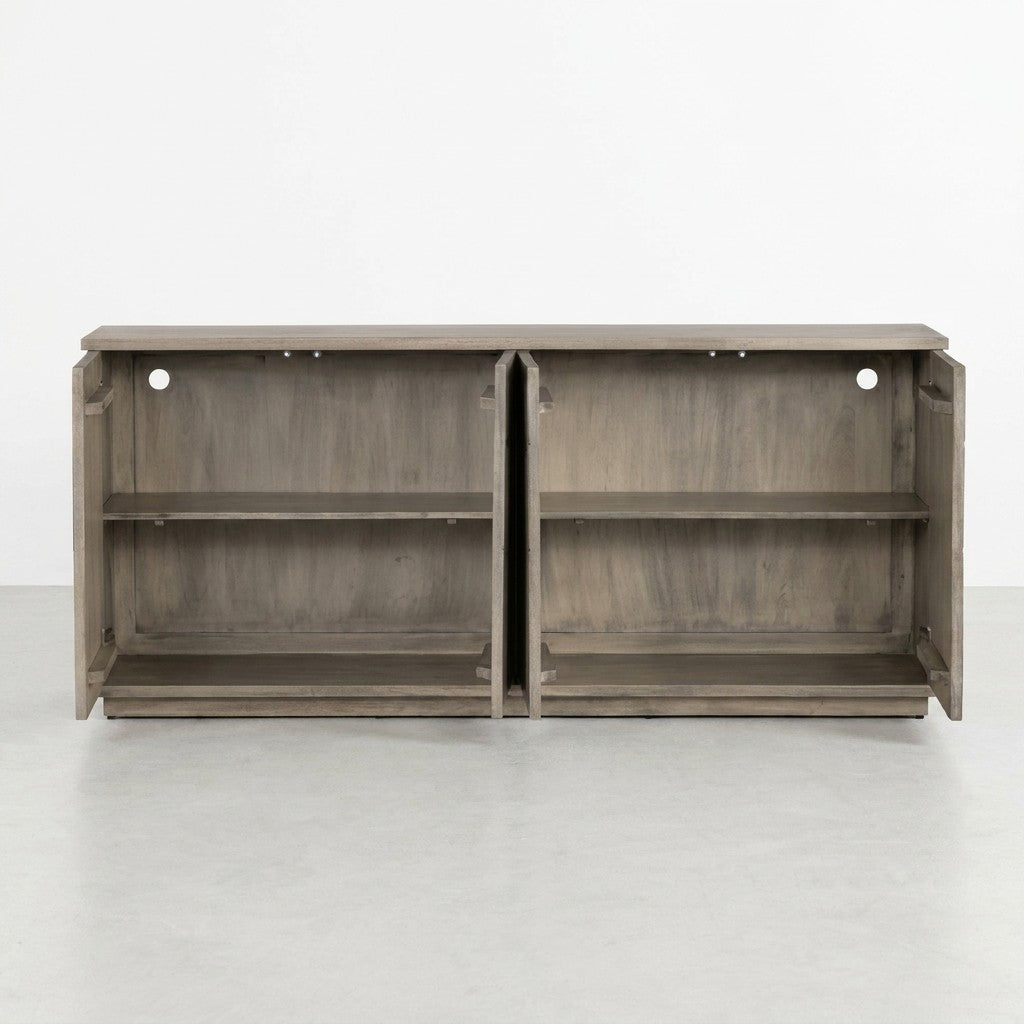 Wooden cabinet with shelves and cable cutouts, viewed from the back.