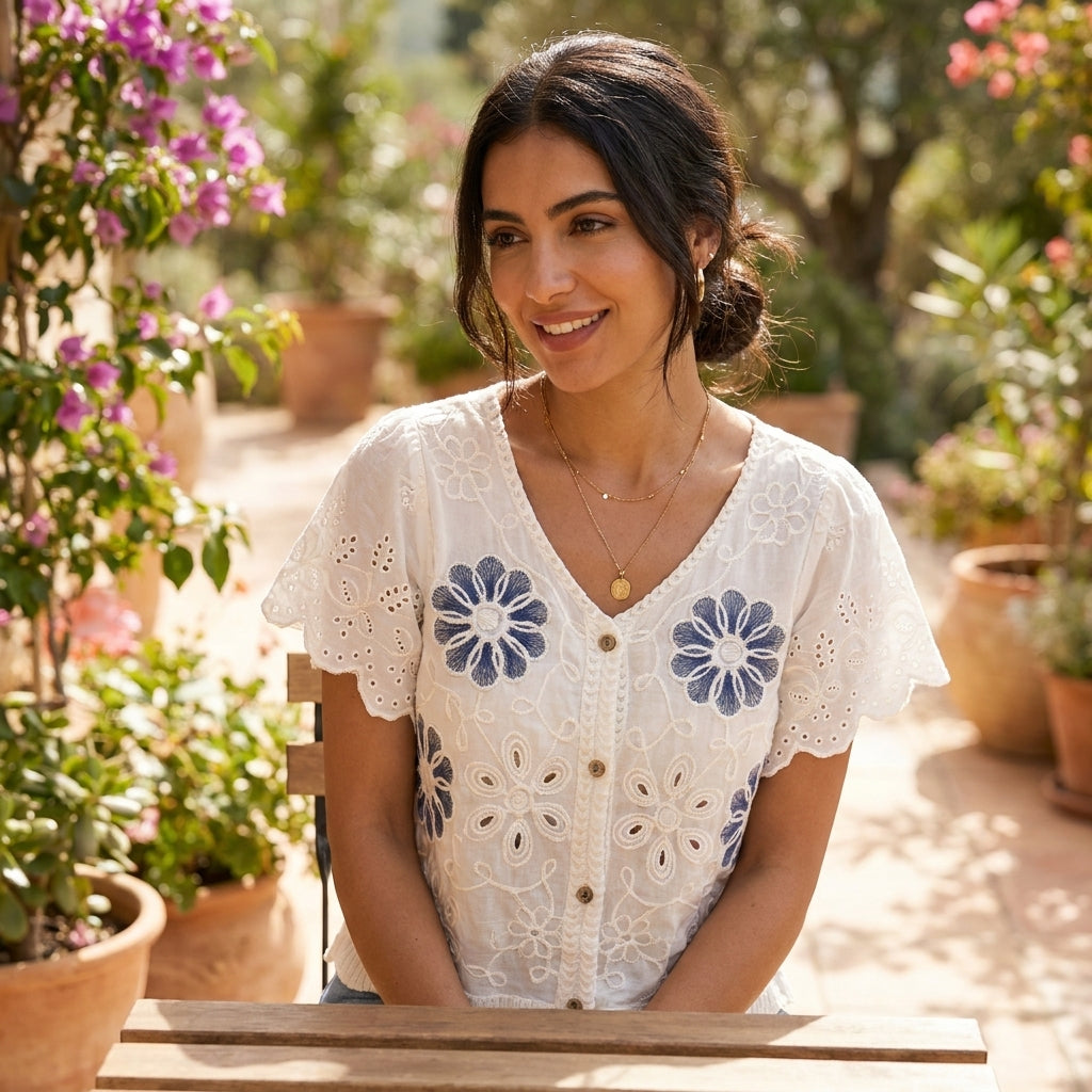 Woman smiling in a garden with colorful flowers and sunlight.