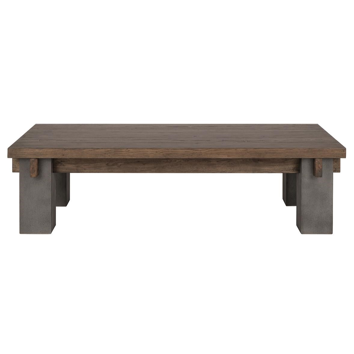 Wooden table with concrete legs, minimalist design.
