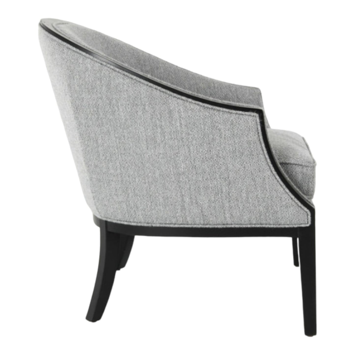 Gray upholstered armchair with a sleek black frame, viewed from side.