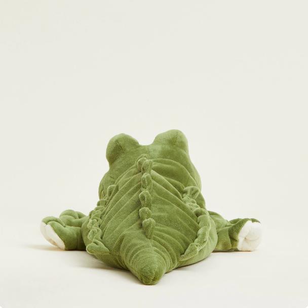 Green plush crocodile lying on its belly, viewed from behind.