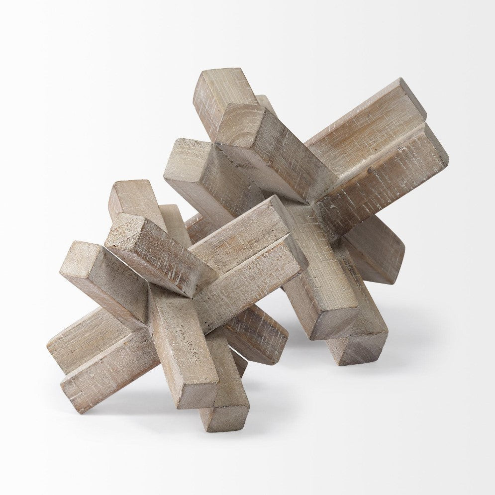 Wooden geometric sculptures with an interlocking design.