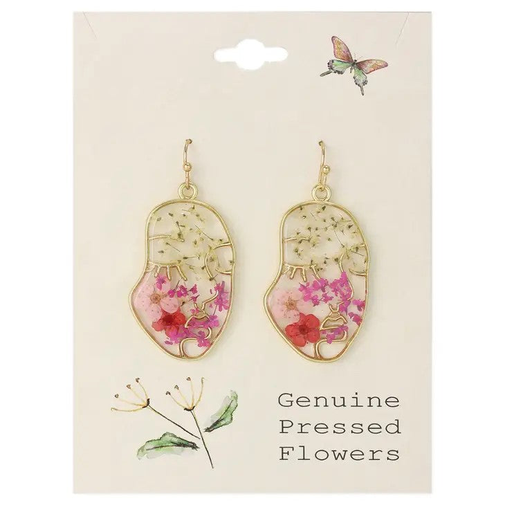 Gold earrings with genuine pressed flowers, delicate and colorful design.