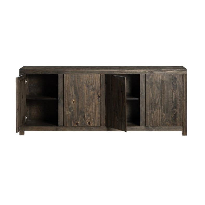 Wooden sideboard with open cabinets, four doors.