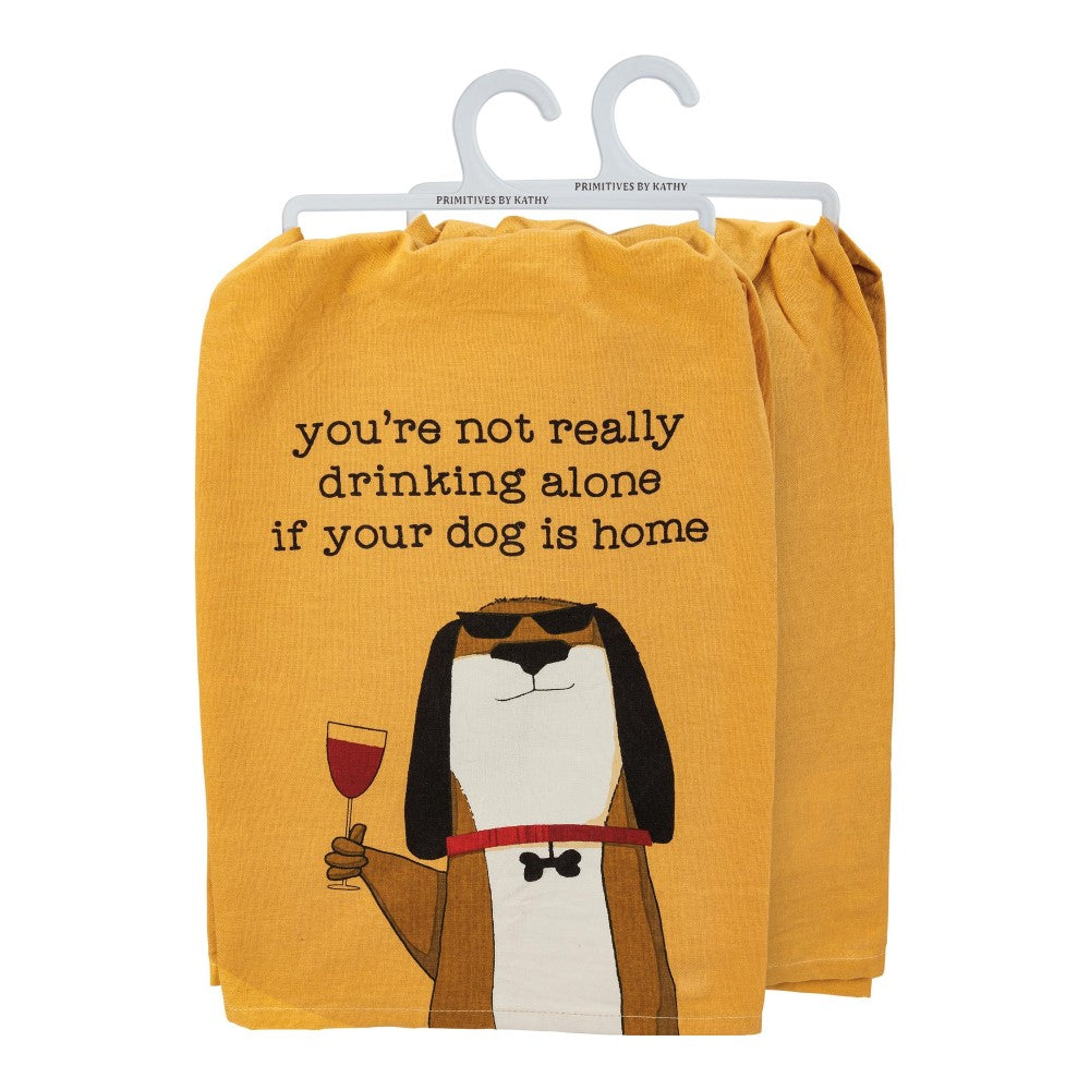Dog-themed towel with wine humor text in mustard yellow.