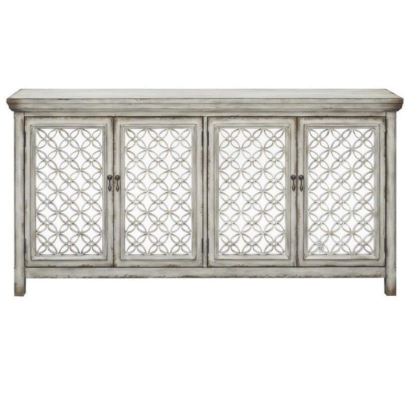 Antique-style cabinet with patterned glass doors.