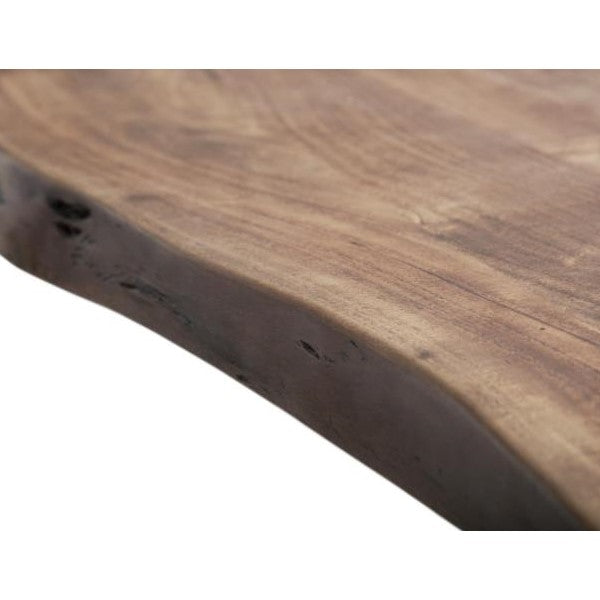 Close-up of a wooden slab with a smooth, natural texture and curved edge.
