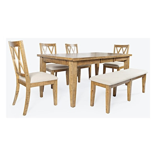 Wooden dining set: table, four chairs, and two benches.