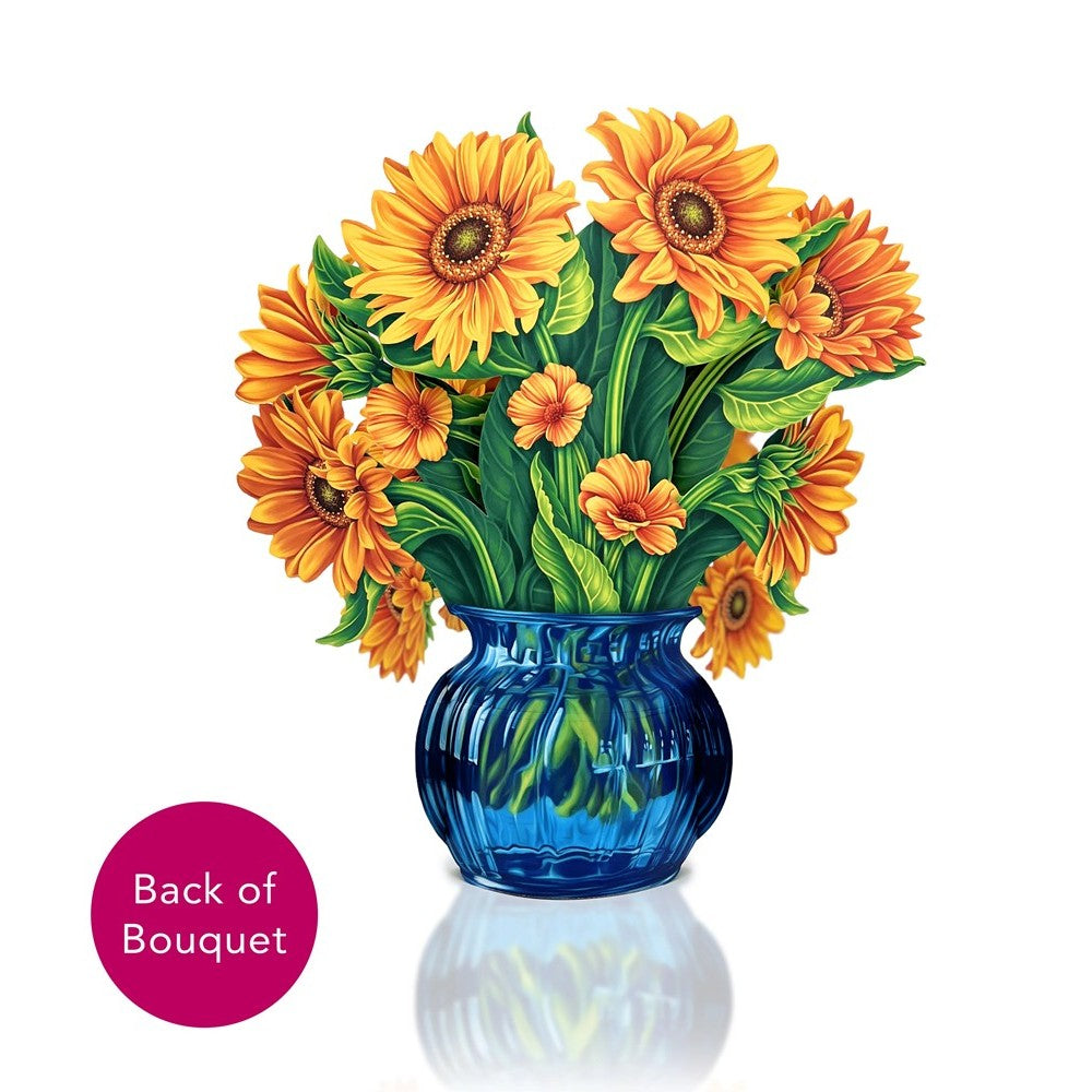 Sunflower bouquet in a blue vase, labeled "Back of Bouquet."