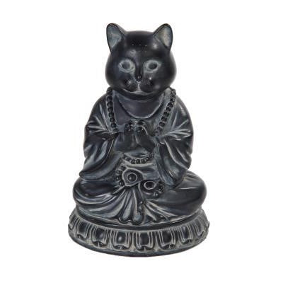 Cat-headed statue in a meditative pose with beads.