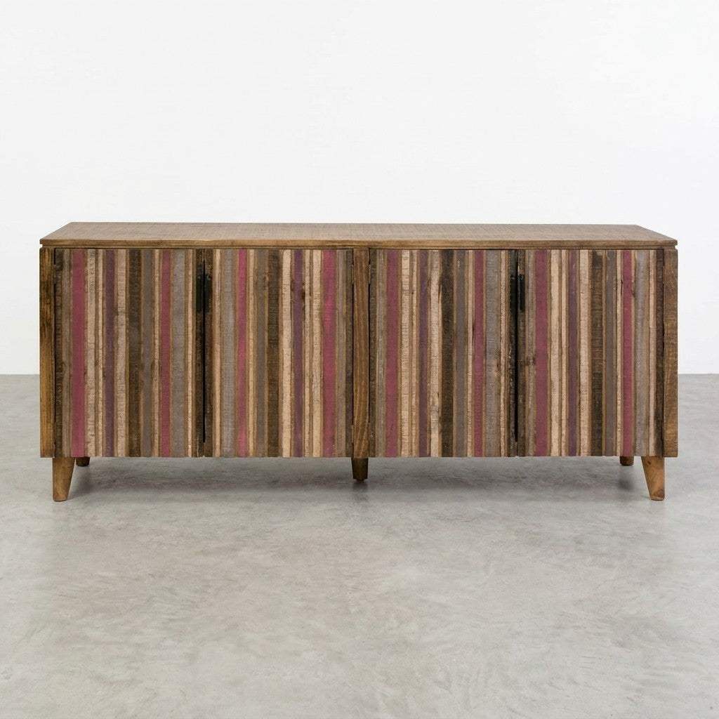 Colorful striped wooden sideboard on a smooth, gray floor.