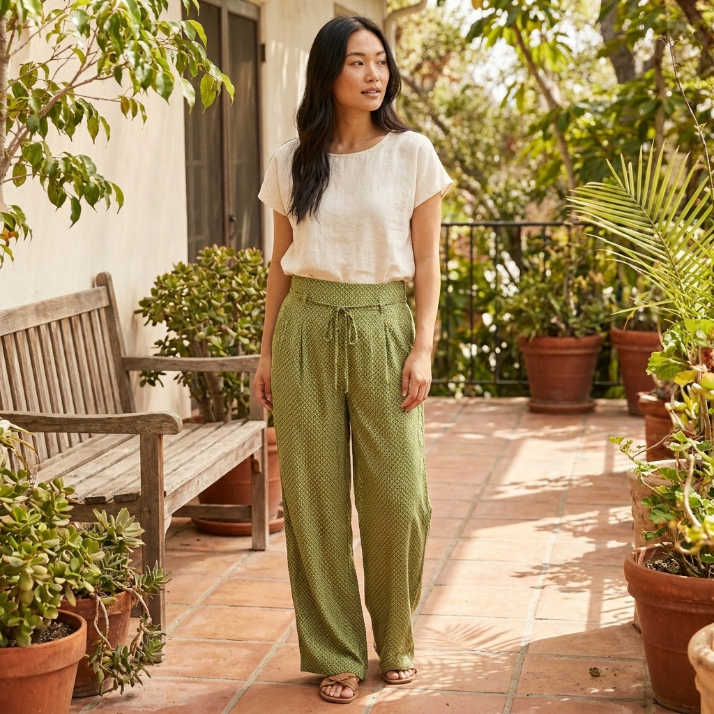 Woman in casual outfit stands on a sunlit patio with plants.