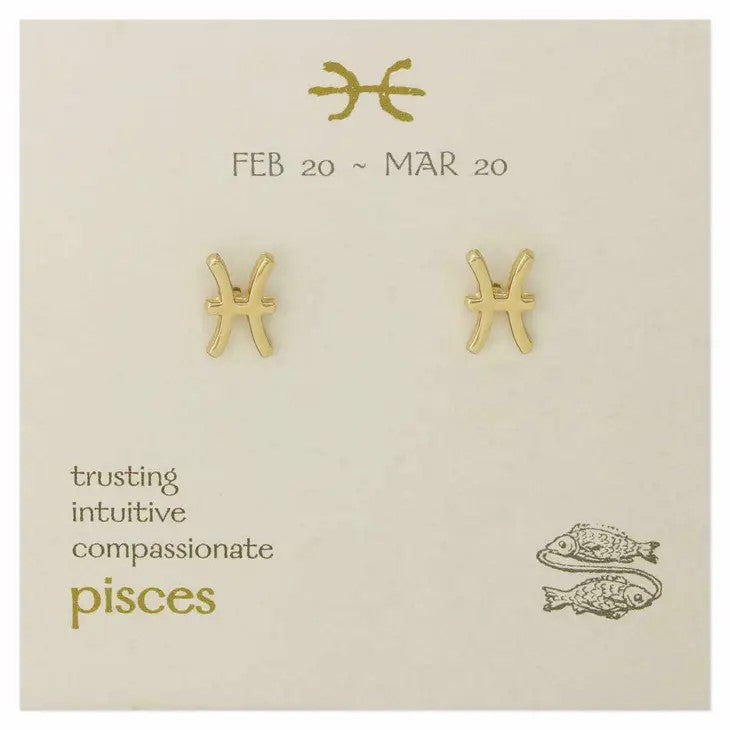 Gold Pisces earrings with traits: trusting, intuitive, compassionate. Dates: Feb 20 - Mar 20.