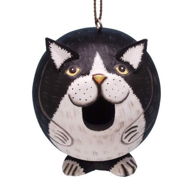 Round cat-shaped birdhouse with open mouth and ears.