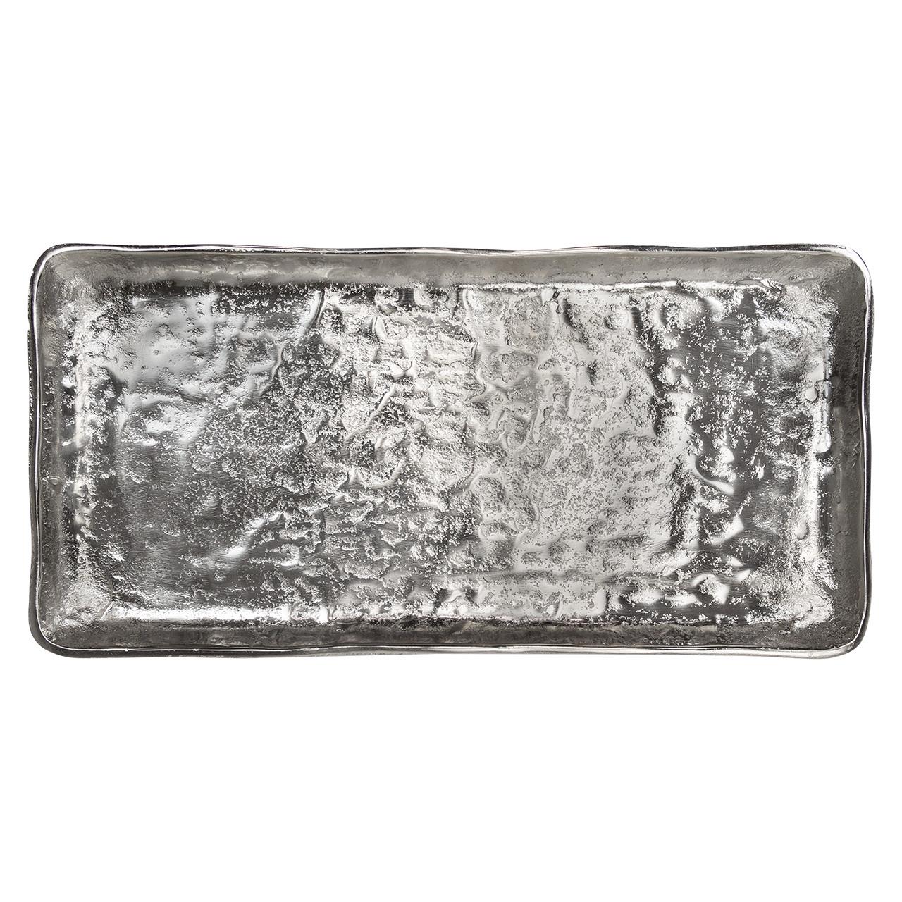 Rectangular metallic serving tray with a textured surface.