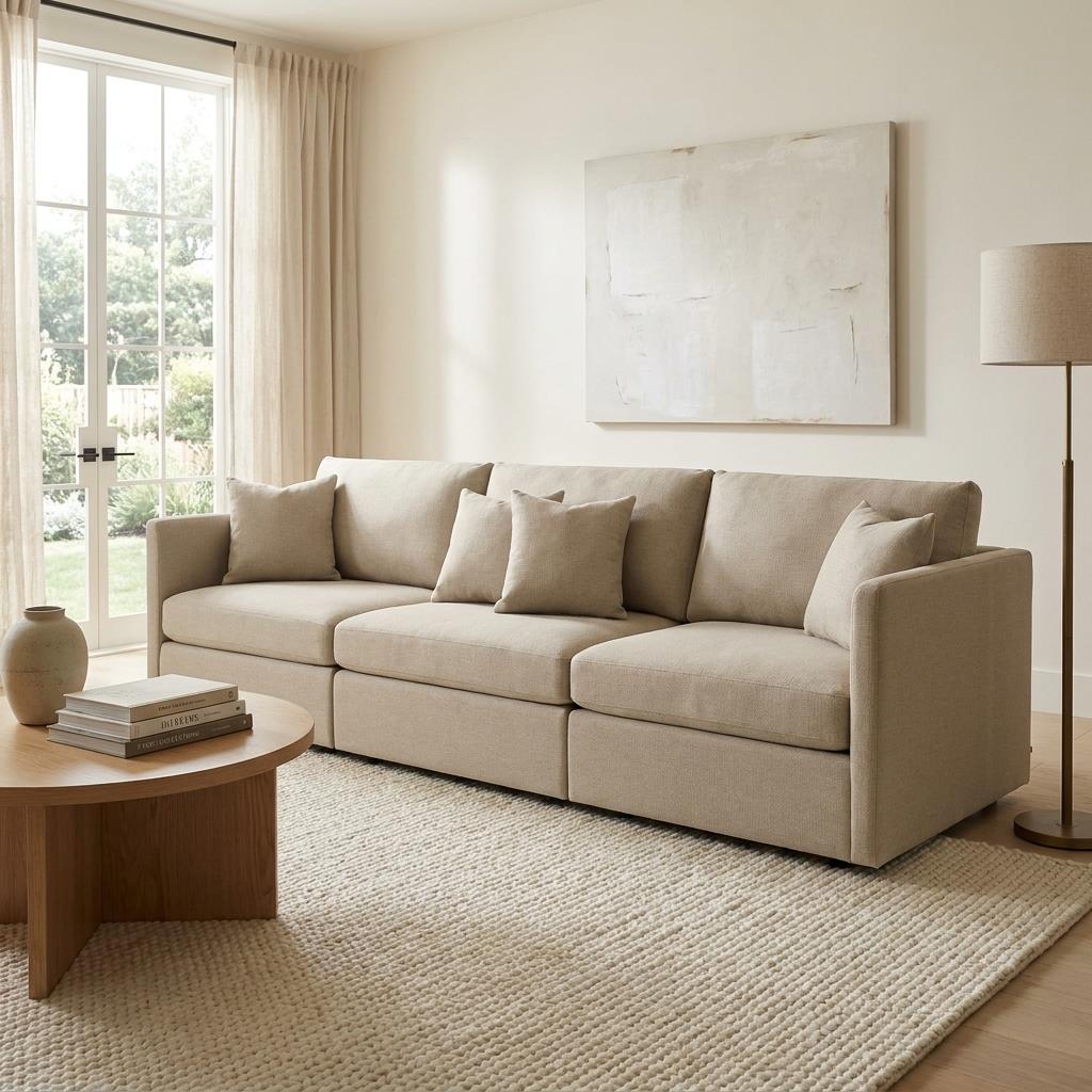Bright living room with white sofa, abstract art, and soft lighting.