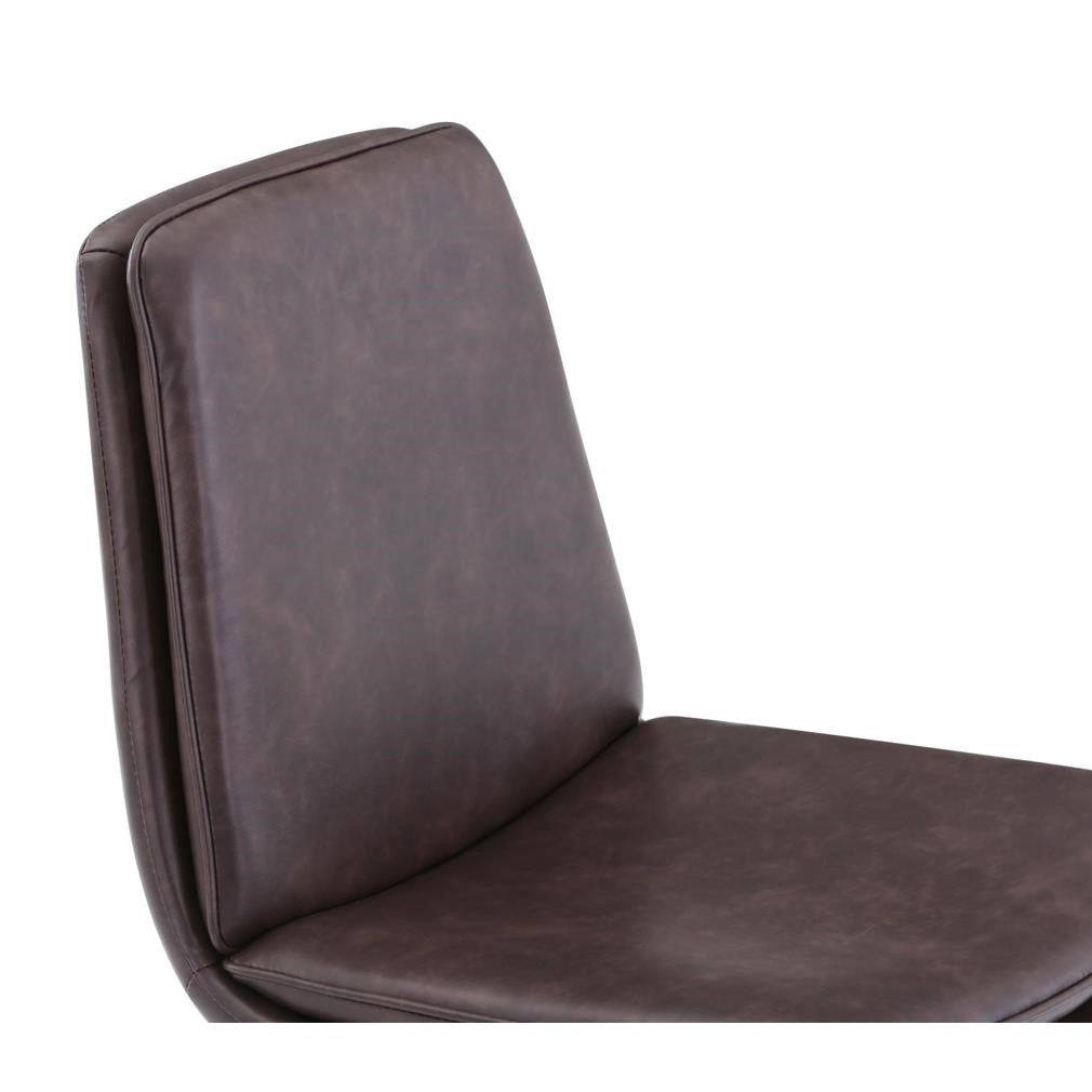 Brown leather chair with padded seat and backrest.
