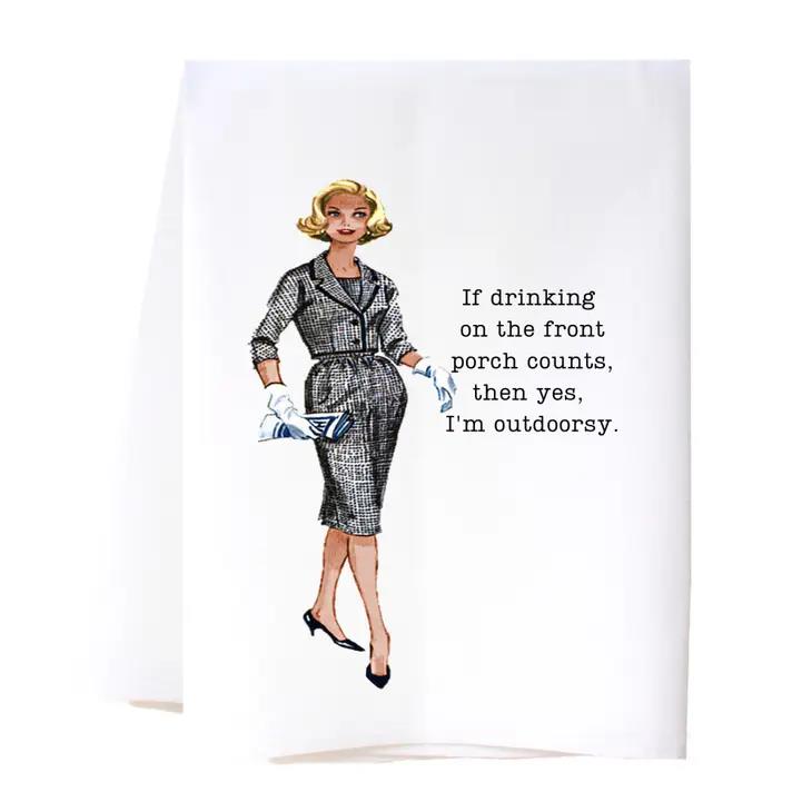 Retro woman with humorous porch drinking quote.
