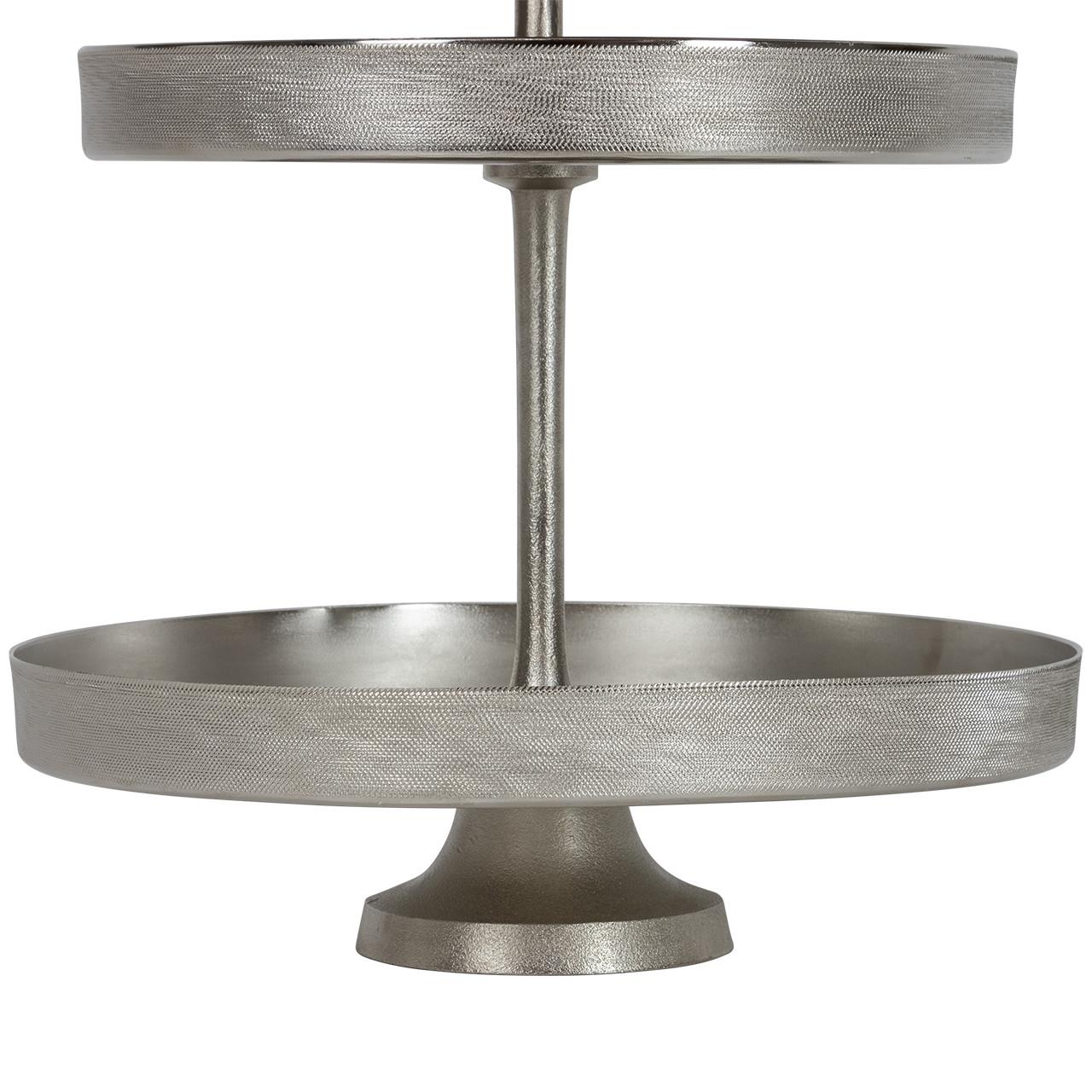 Two-tiered metallic stand with textured rims.