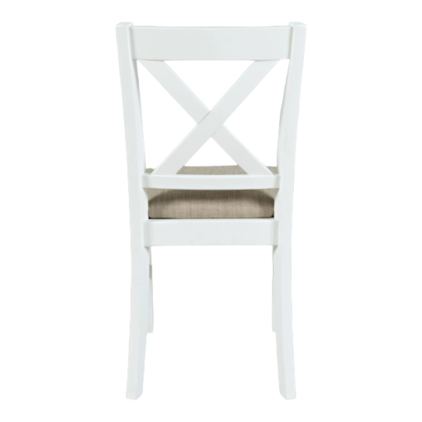 White chair with X-back and beige cushion, viewed from the rear.