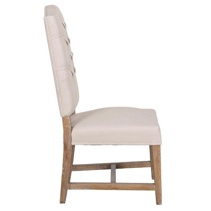 Side view of a cushioned wooden chair with a high backrest.