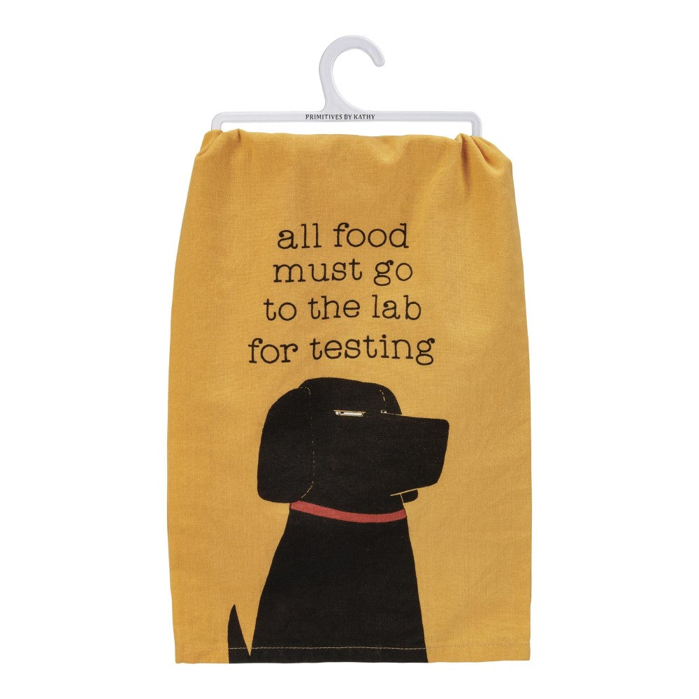 Yellow towel with a black dog and the text "all food must go to the lab for testing."