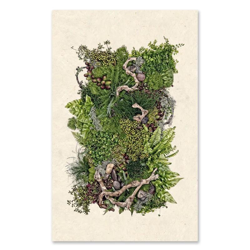 A vertical arrangement of lush green foliage and branches on a beige background.
