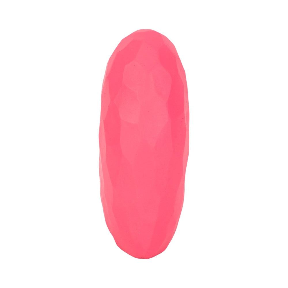 Pink, textured silicone toy with a smooth, elongated shape.