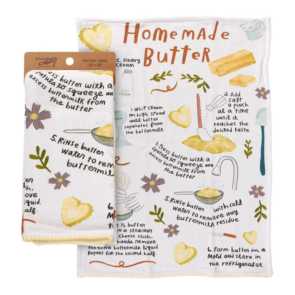 Kitchen towel with homemade butter recipe and colorful illustrations.