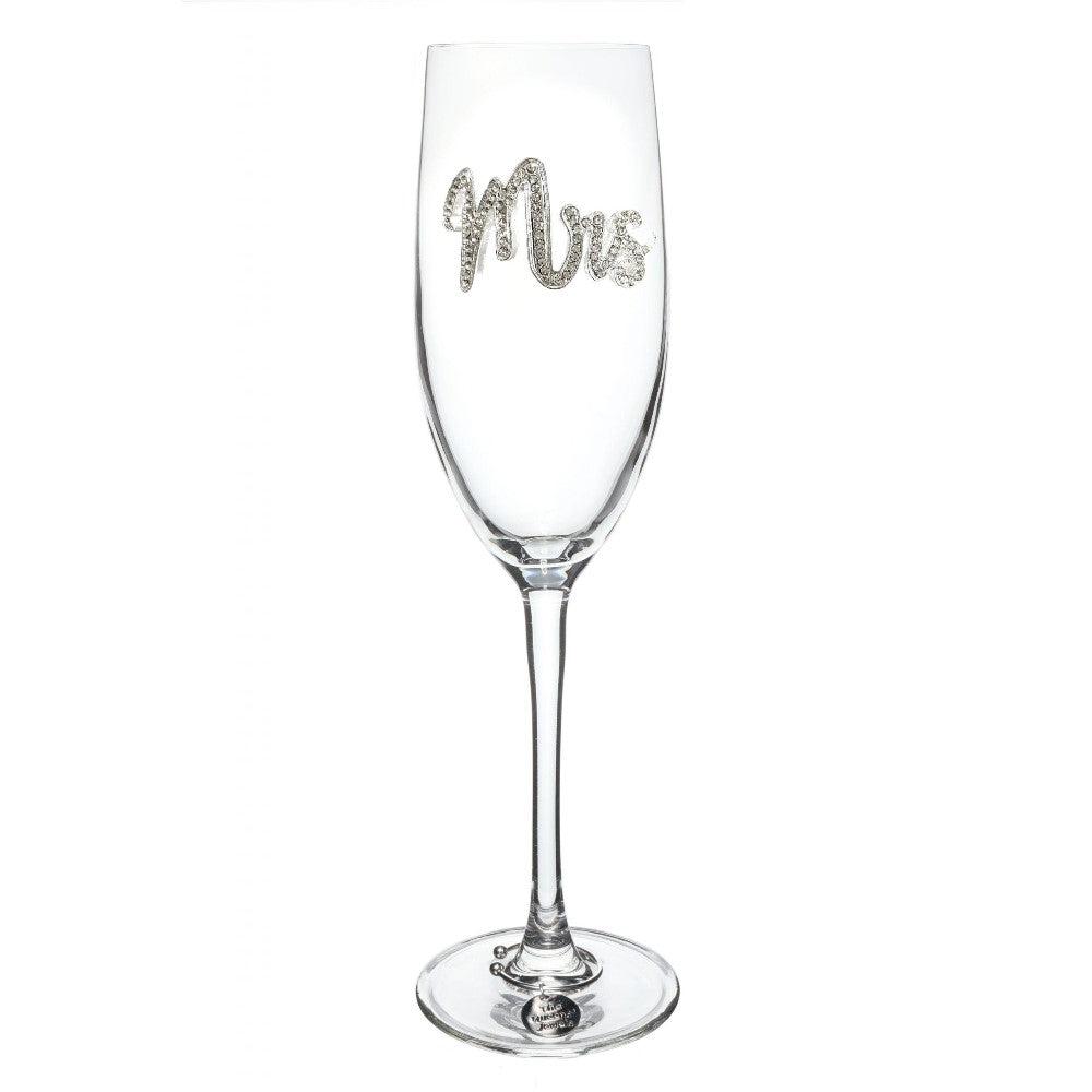 A champagne flute with "Mrs" in sparkly lettering.