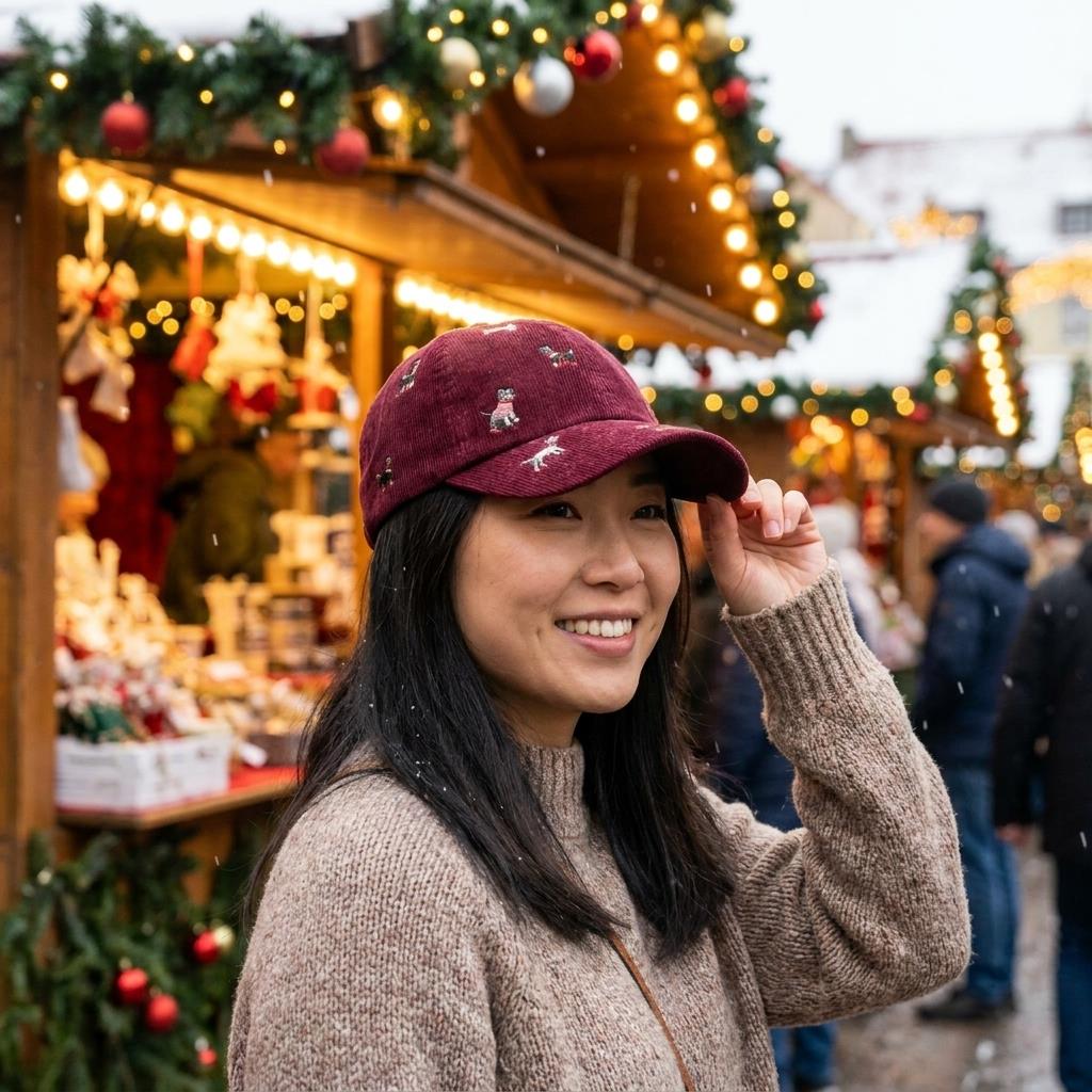 A smiling woman adjusts her cap at a festive Christmas market.