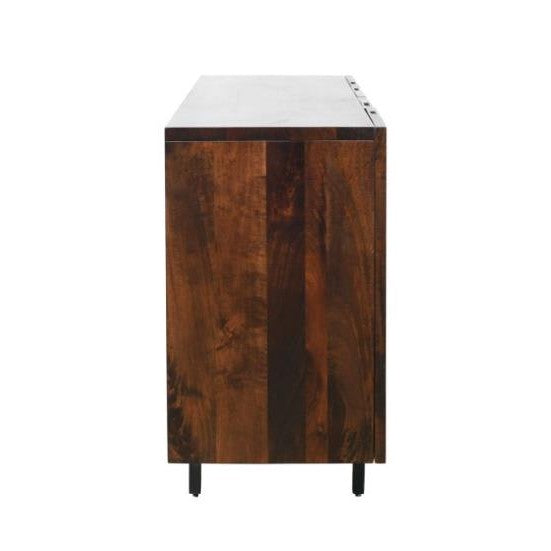 Brown wooden cabinet with a smooth finish and black legs, viewed from the side.