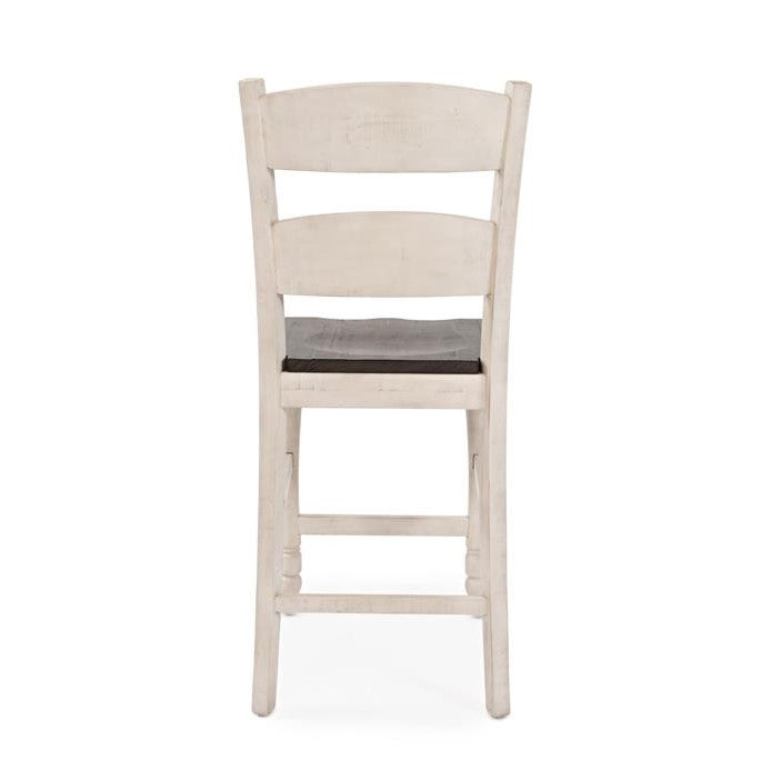 White wooden chair with a dark seat, viewed from the back.