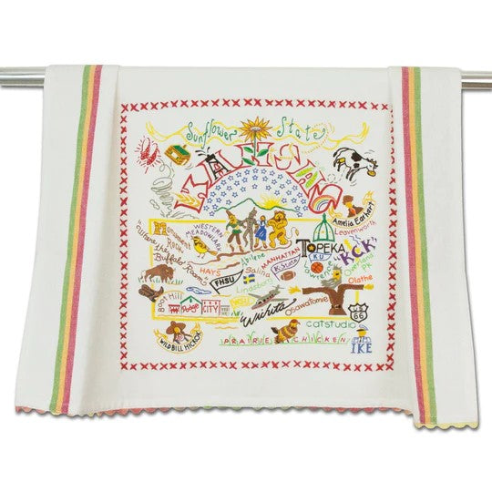 Colorful Kansas-themed towel with state map and iconic symbols.