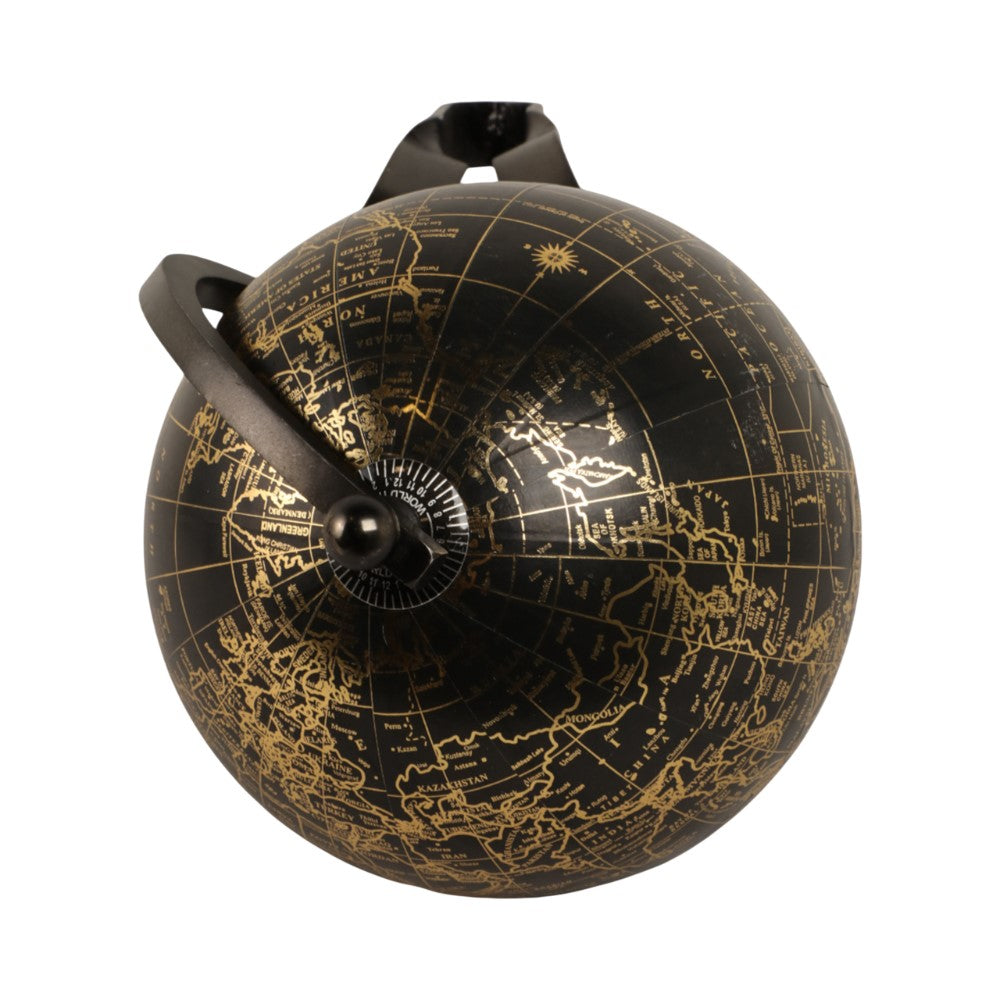 Black globe with gold map details and a modern stand.