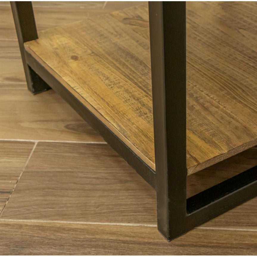 Wooden shelf with metal frame on a tiled floor.