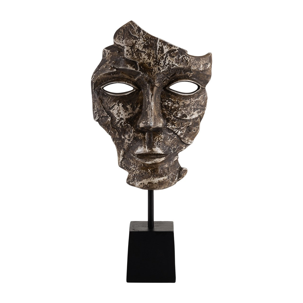 Abstract face sculpture on a black stand.