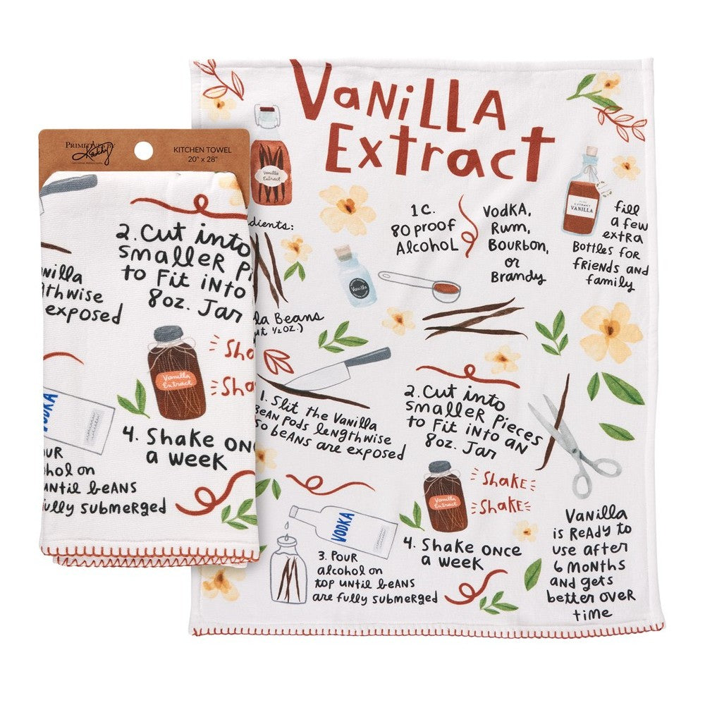 Kitchen towels with vanilla extract recipe and illustrations.