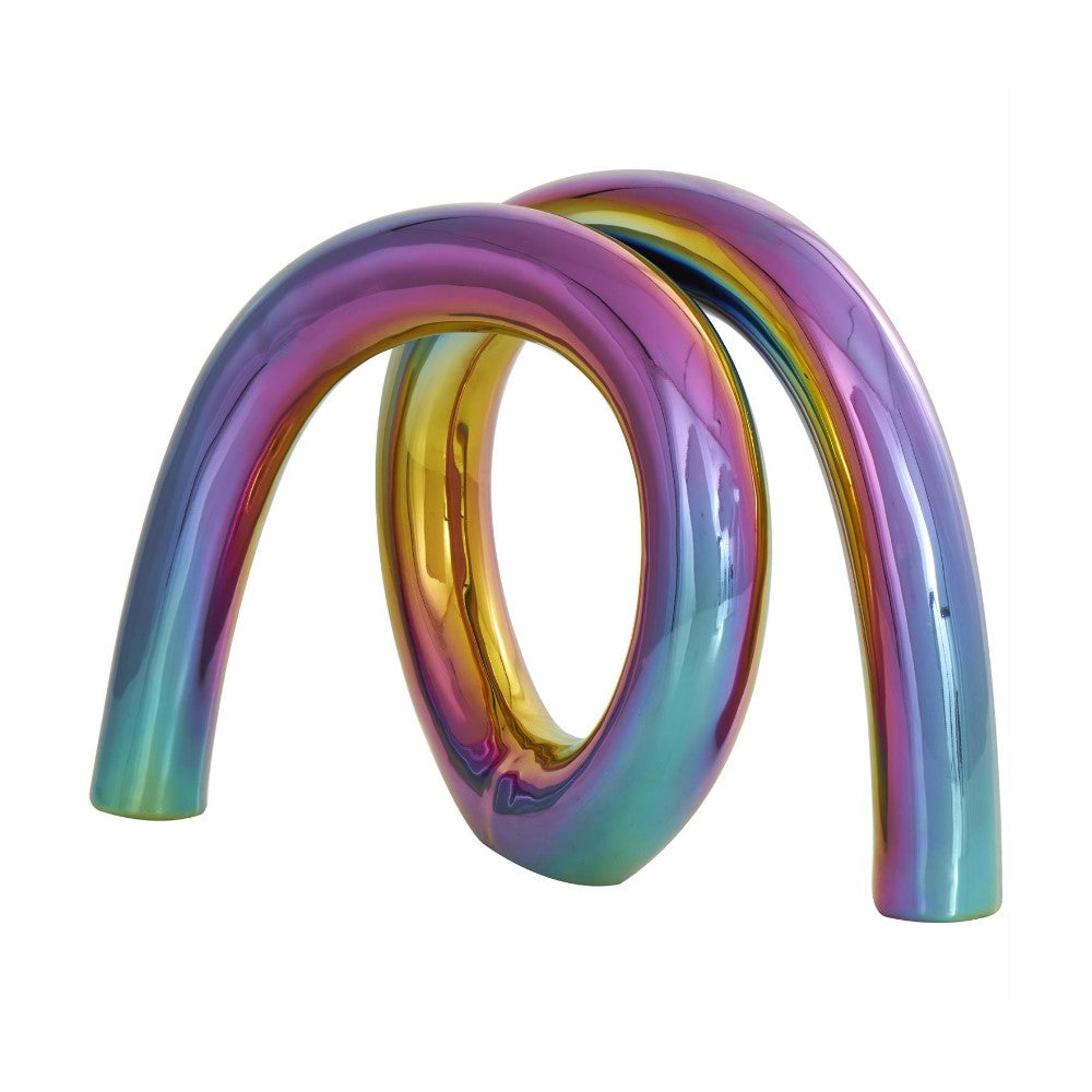 Colorful, reflective abstract sculpture with intertwined, curved tubes.