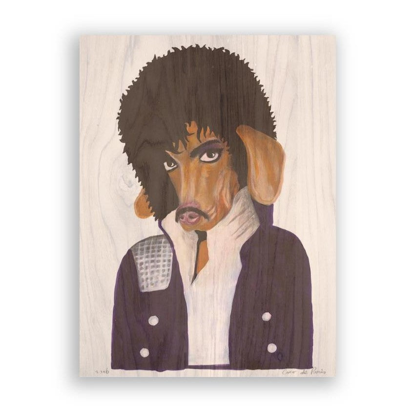 Cartoon canine with curly hair and fashionable outfit on a wooden background.